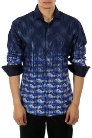 Men's Navy Cyber Print Button Up Long Sleeve Dress Shirt