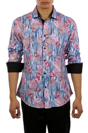 Peacock Feathers Print Long Sleeve Dress Shirt Blue