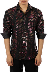 Metallic Leaves Long Sleeve Dress Shirt Black