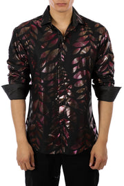 Metallic Leaves Long Sleeve Dress Shirt Black