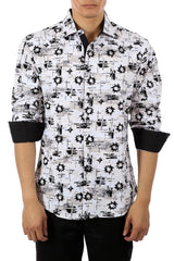 Men's Metal Print Button Up Long Sleeve Dress Shirt