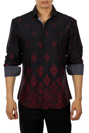 Decorative Damask Print Long Sleeve Dress Shirt Black