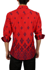 Decorative Damask Print Long Sleeve Dress Shirt Red