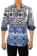 Spliced Abstract Print Long Sleeve Dress Shirt Blue