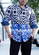 Spliced Abstract Print Long Sleeve Dress Shirt Blue