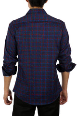 Windowpane Plaid Dotted Long Sleeve Dress Shirt Navy