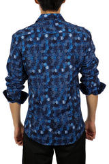 Men's Blue Coin Print Button Up Long Sleeve Dress Shirt