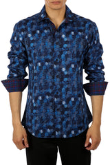 Men's Blue Coin Print Button Up Long Sleeve Dress Shirt