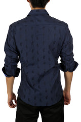 Men's Navy Printed Button Up Long Sleeve Dress Shirt