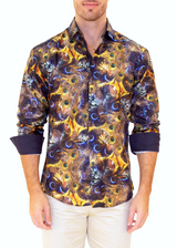 Navy Peacock Print Long Sleeve Dress Shirt