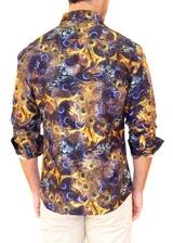 Navy Peacock Print Long Sleeve Dress Shirt