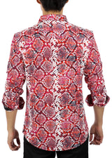 Snake Skin Print Red Button Up Long Sleeve Dress Shirt