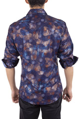 Men's Navy Printed Button Up Long Sleeve Dress Shirt