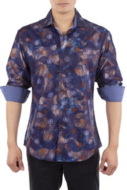 Men's Navy Printed Button Up Long Sleeve Dress Shirt