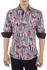 Checkered with Roses Button Up Long Sleeve Dress Shirt