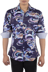 Trippy Flourish Print Metallic Overlay Navy Button Up Long Sleeve Dress Shirt