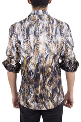 Men's Black & Gold Printed Button Up Long Sleeve Dress Shirt