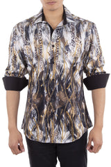 Men's Black & Gold Printed Button Up Long Sleeve Dress Shirt