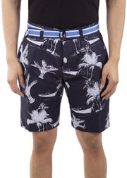 Island Print Belted Cotton Shorts Navy