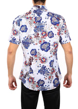 Abstract Floral Print Short Sleeve Dress Shirt White