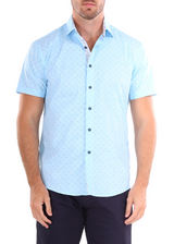 Men's Stitched Micro-Pattern Blue Linen Short Sleeve Dress Shirt