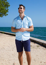 Men's Stitched Micro-Pattern Blue Linen Short Sleeve Dress Shirt