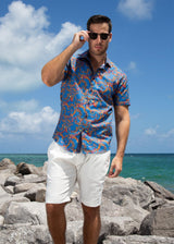 Paisley On Gingham Short Sleeve Dress Shirt Blue