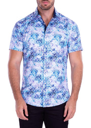 Tribal Spiral Print Short Sleeve Dress Shirt Blue