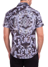 Greek Key Print Iridescent Metallic Black Short Sleeve Dress Shirt