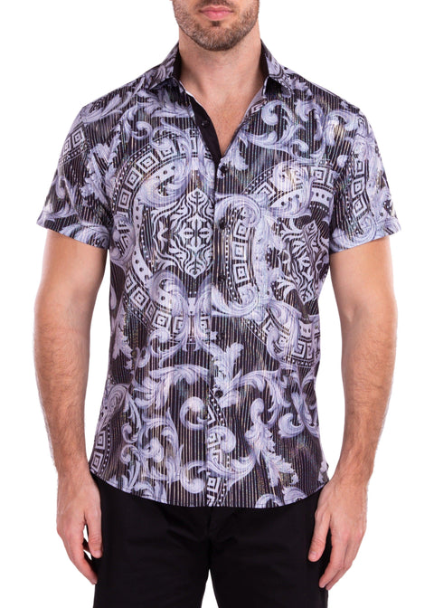 Greek Key Print Iridescent Metallic Black Short Sleeve Dress Shirt