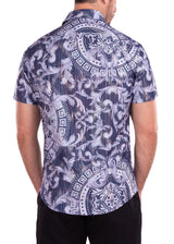 Greek Key Print Iridescent Metallic Navy Short Sleeve Dress Shirt