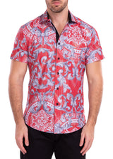 Greek Key Print Iridescent Metallic Red Short Sleeve Dress Shirt