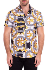 Gold Flourish Geo Contrast Print White Button Up Short Sleeve Dress Shirt