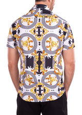 Gold Flourish Geo Contrast Print White Button Up Short Sleeve Dress Shirt