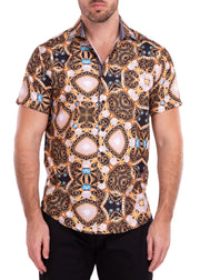 Psychedelic Treasure Chest Print White Button Up Short Sleeve Dress Shirt