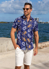 Abstract Medallion Paisley Geo Print Navy Button Up Short Sleeve Dress Shirt