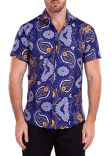 Abstract Medallion Paisley Geo Print Navy Button Up Short Sleeve Dress Shirt