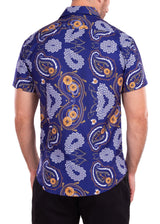 Abstract Medallion Paisley Geo Print Navy Button Up Short Sleeve Dress Shirt