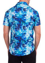 Abstract Geometric Gradient Print Blue Button Up Short Sleeve Dress Shirt