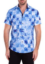 Overlapping Watercolor Circle Print Blue Button Up Short Sleeve Dress Shirt