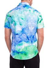 Abstract Watercolor Print Marine Blue Button Up Short Sleeve Dress Shirt