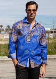 Men's Navy Mandala Button Up Long Sleeve Dress Shirt