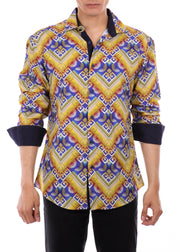 Men's Gold Printed Button Up Long Sleeve Dress Shirt