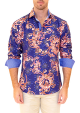 Abstract Garden Flourish Motif Long Sleeve Dress Shirt Navy