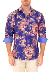 Abstract Garden Flourish Motif Long Sleeve Dress Shirt Navy