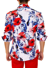 Abstract Floral Print Long Sleeve Dress Shirt Blue