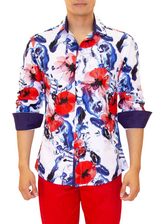 Abstract Floral Print Long Sleeve Dress Shirt Blue