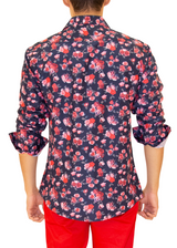 Red Rose Bouquet Print Long Sleeve Dress Shirt Navy