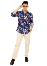 Men's Navy Floral Button Up Long Sleeve Dress Shirt