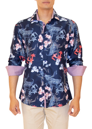 Men's Navy Floral Button Up Long Sleeve Dress Shirt